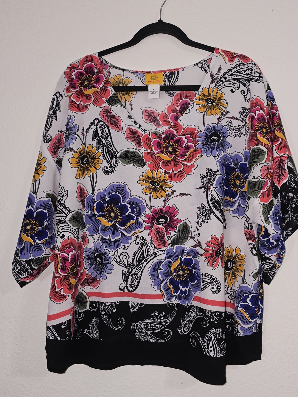 V-Neck Floral Tunic Top in White with Multicolor Blooms
